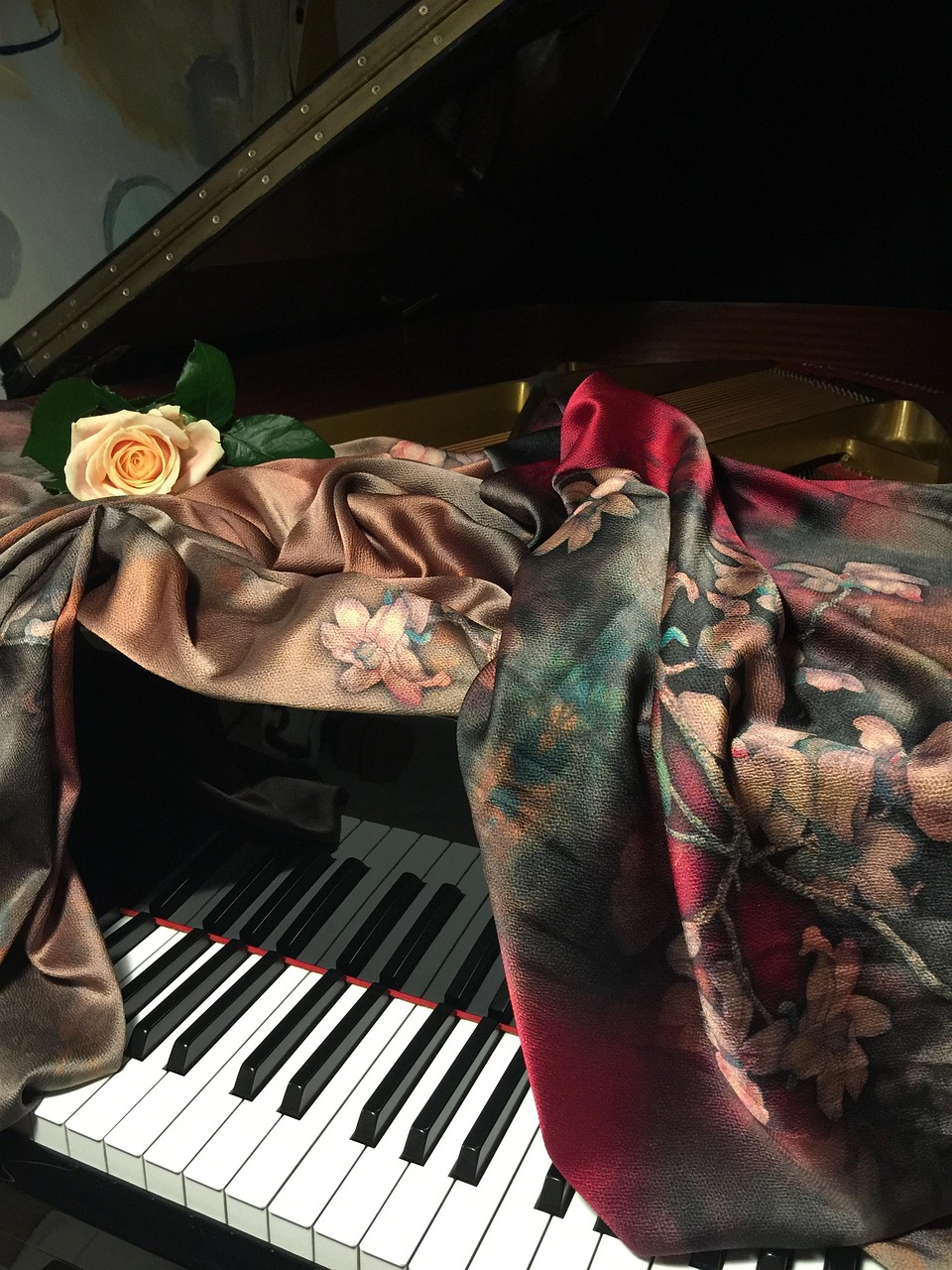 piano, silk, fabric, rose, blossoms, keys, musical instrument, chinese silk, rose flower, sewing, still life